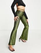 Asos Design Low Rise Flare Pant With Tie Waist In Glitter In Green
