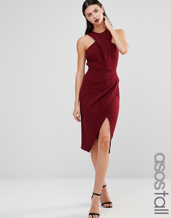 Asos Tall Wrap Crepe Halter Bodycon Midi Pencil Dress - Red