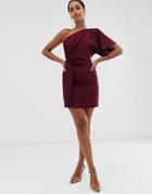 Vesper One Shoulder Mini Dress With Cut Out And Tie Detail In Rasberry - Red
