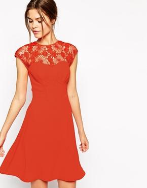 Warehouse Lace Yoke Seamed Skater Dress - Orange