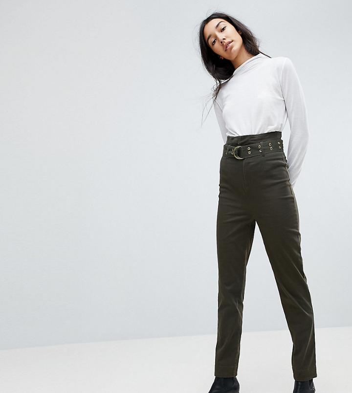 Asos Tall Stevie High Waisted Peg Pants With Extra Long Belt In Khaki - Green