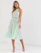 True Decadence Premium Halter Neck Midi Dress With Contrast Lacel Panels And Pleated Skirt In Tonal Mint - Green