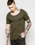 Asos Muscle T-shirt With Scoop Neck And Raw Edges In Green - Forest Night