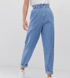 Asos Design Tall Soft Peg Jeans In Light Vintage Wash With Elasticated Cinch Waist Detail - Blue