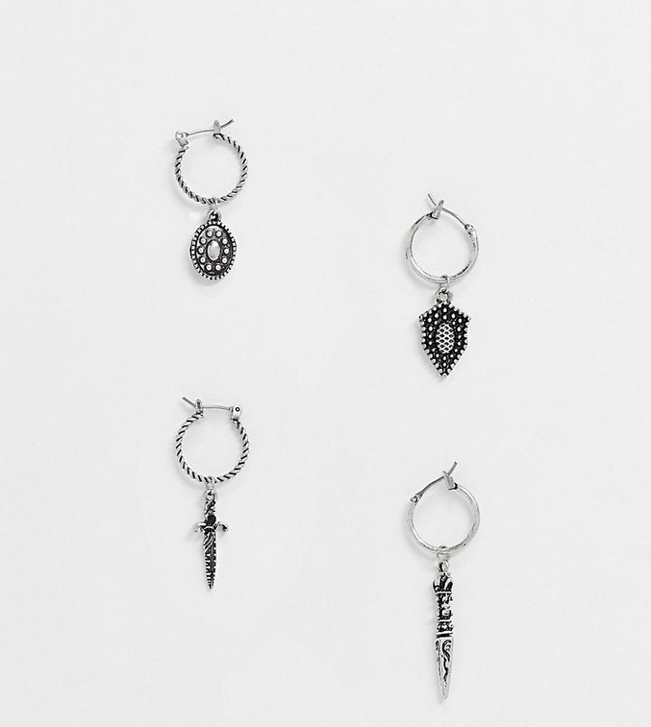 Reclaimed Vintage Inspired Hoop Earring Multipack In Burnished Silver With Daggers And Roman Coins