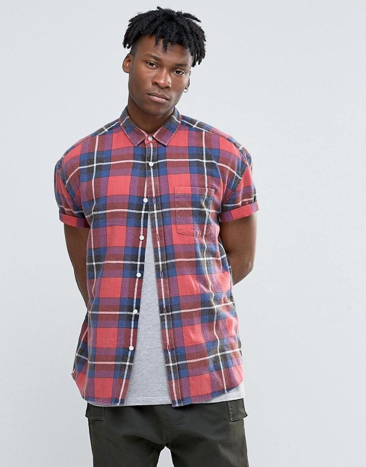 Asos Oversized Bleached Check Shirt - Red