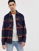 Asos Design Unlined Wool Mix Button Through Jacket In Navy Check - Navy