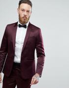 Asos Slim Tuxedo Suit Jacket In Burgundy Sateen - Red