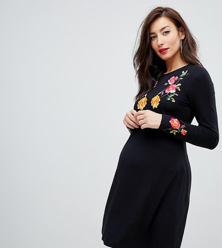 Asos Design Maternity Embroidered Long Sleeve Tea Dress - Black
