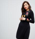 Asos Design Maternity Embroidered Long Sleeve Tea Dress - Black