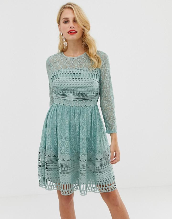 Asos Design Premium Lace Mini Skater Dress With Long Sleeves