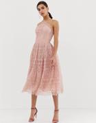Asos Design Lace Midi Dress With Pinny Bodice-pink