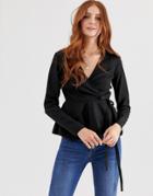 Asos Design Wrap Long Sleeve Top In Linen With Pephem-black