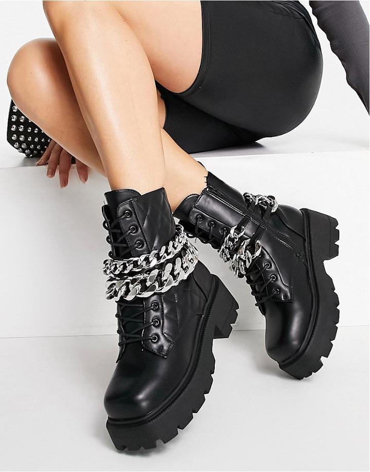 Public Desire Advantage Chunky Flat Ankle Boots With Chain Trim In Black