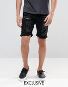 Liquor & Poker Slim Extreme Rips Denim Shorts In Black - Black