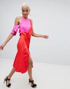 Asos Design Color Block Satin Asymmetric Drape Pencil Midi Dress - Red