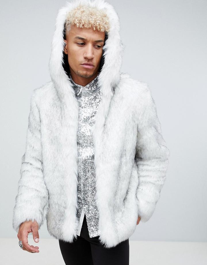 Asos Design Faux Fur Hooded Bomber In White - White