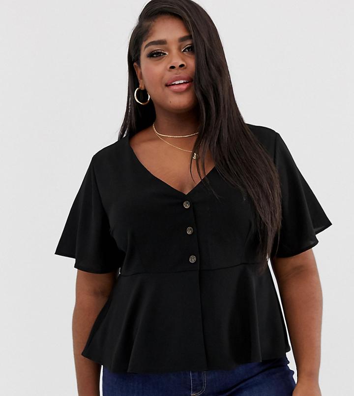 Brave Soul Plus Tea Blouse With Button Front In Black - Black