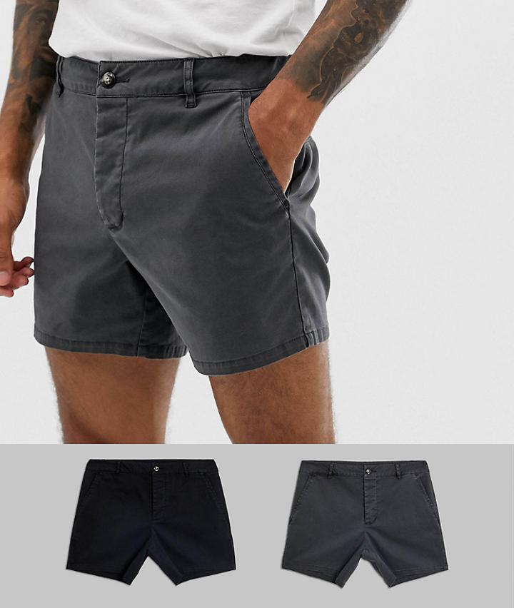 Asos Design 2 Pack Slim Shorter Chino Shorts In Washed Black & Black Save - Multi
