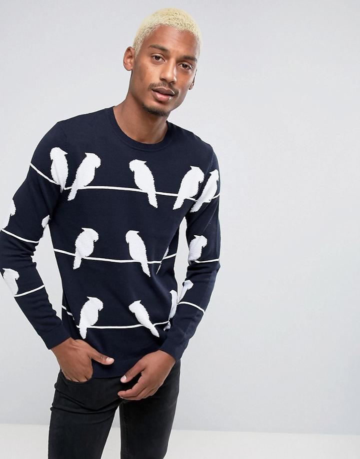Asos Bird Print Sweater In Navy - Navy