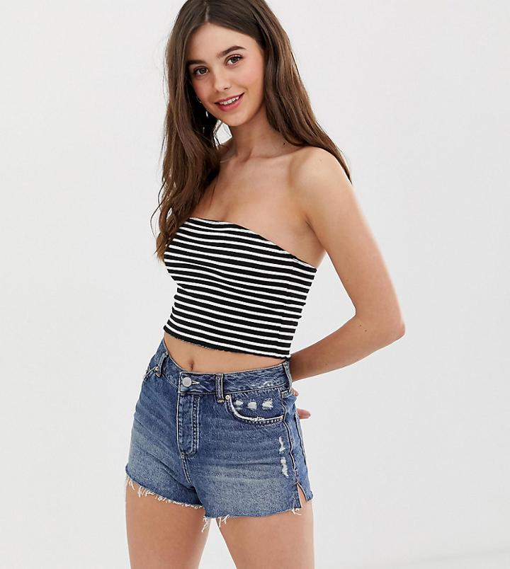Asos Design Tall Bandeau In Rib With Lettuce Hem In Stripe-multi