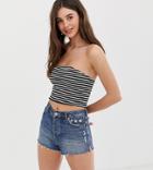 Asos Design Tall Bandeau In Rib With Lettuce Hem In Stripe-multi