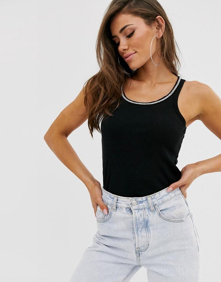 River Island Tank With Rhinestone Trim In Black