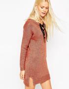 Asos Tunic Dress With Lace Up Detail In Knit - Tobacco