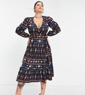 Never Fully Dressed Plus Contrast Stitch Wrap Midi Dress In Black