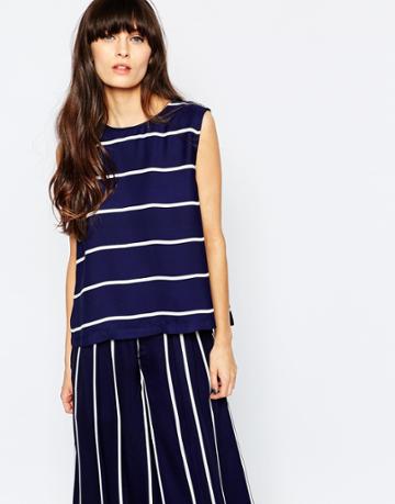 Paisie Stripe Top With Back Vents - Navy