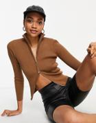 Fashion Union Ribbed Zip Front Cardigan With High Collar-brown