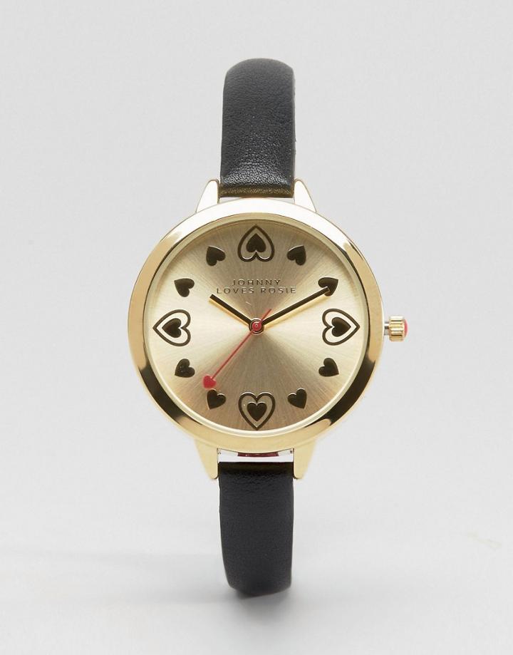 Johnny Loves Rosie Gold Heart Watch - Black