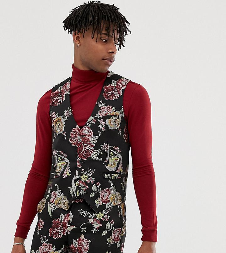 Heart & Dagger Skinny Suit Vest In Floral-black