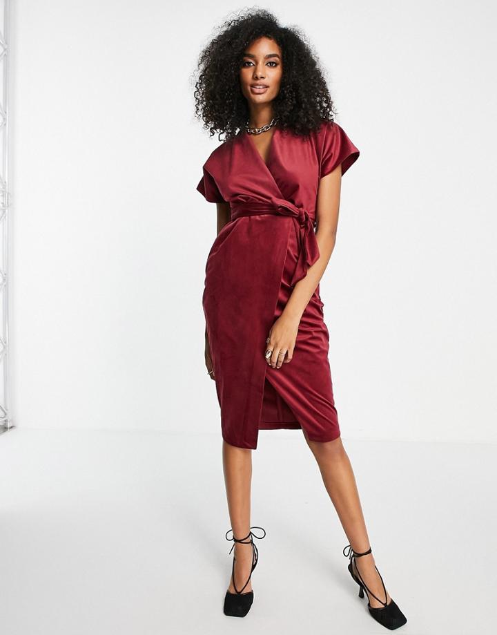 Closet London Kimono Sleeve Velvet Midi Dress With Wrap Tie In Wine Red