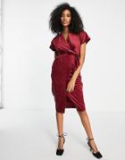 Closet London Kimono Sleeve Velvet Midi Dress With Wrap Tie In Wine Red