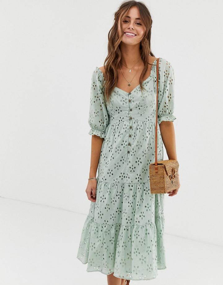 Asos Design Button Through Tiered Midi Broderie Dress-green