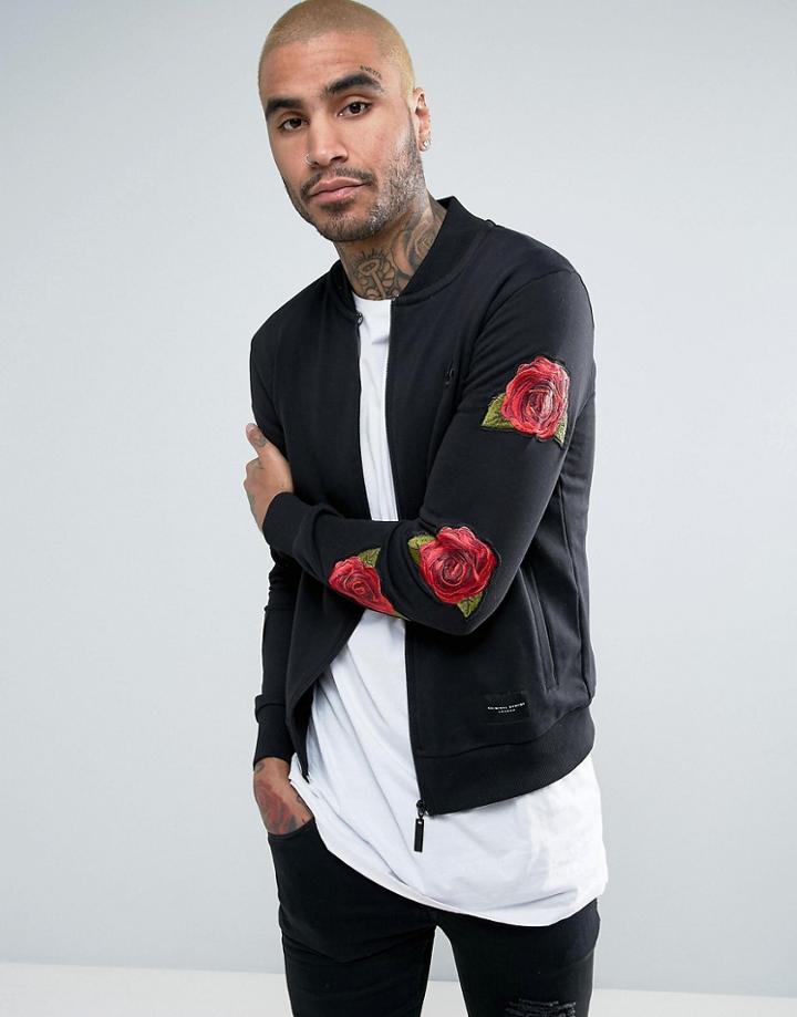 Criminal Damage Jersey Bomber Jacket In Black With Rose Sleeve Print - Black