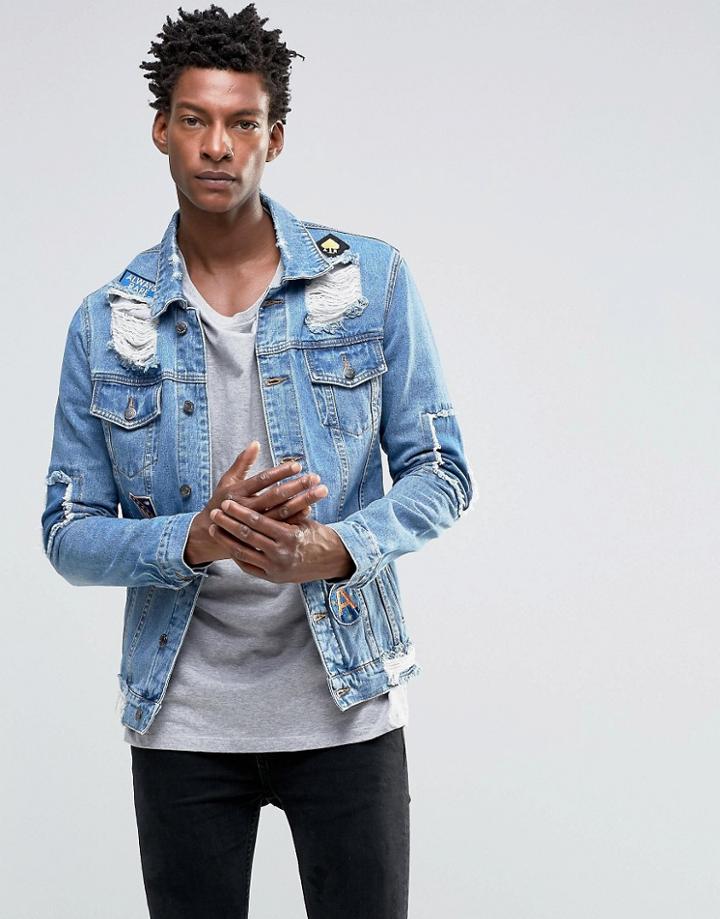 Always Rare Rip And Repair Patched Heavy Worn Denim Jacket - Blue