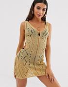 Asos Design Crochet Cut Out Mini Bodycon Dress-gold