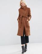 Asos Coat With Funnel Neck And Tie Waist - Brown