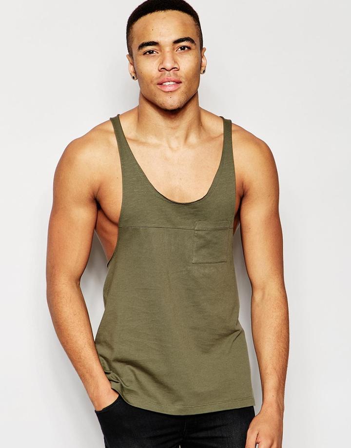 Asos Tank With Extreme Racer Back And Raw Edges In Khaki - Khaki