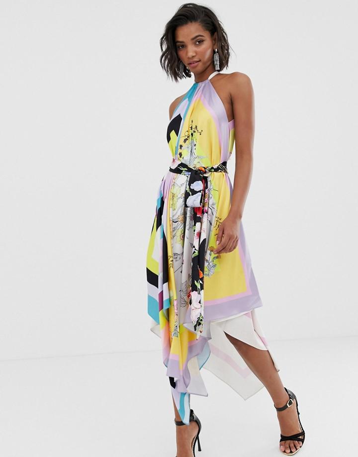 Asos Edition Halter Belted Midi Dress In Mixed Scarf Print-multi