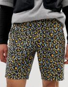 Asos Design Slim Shorts In Washed Leopard Print - Orange
