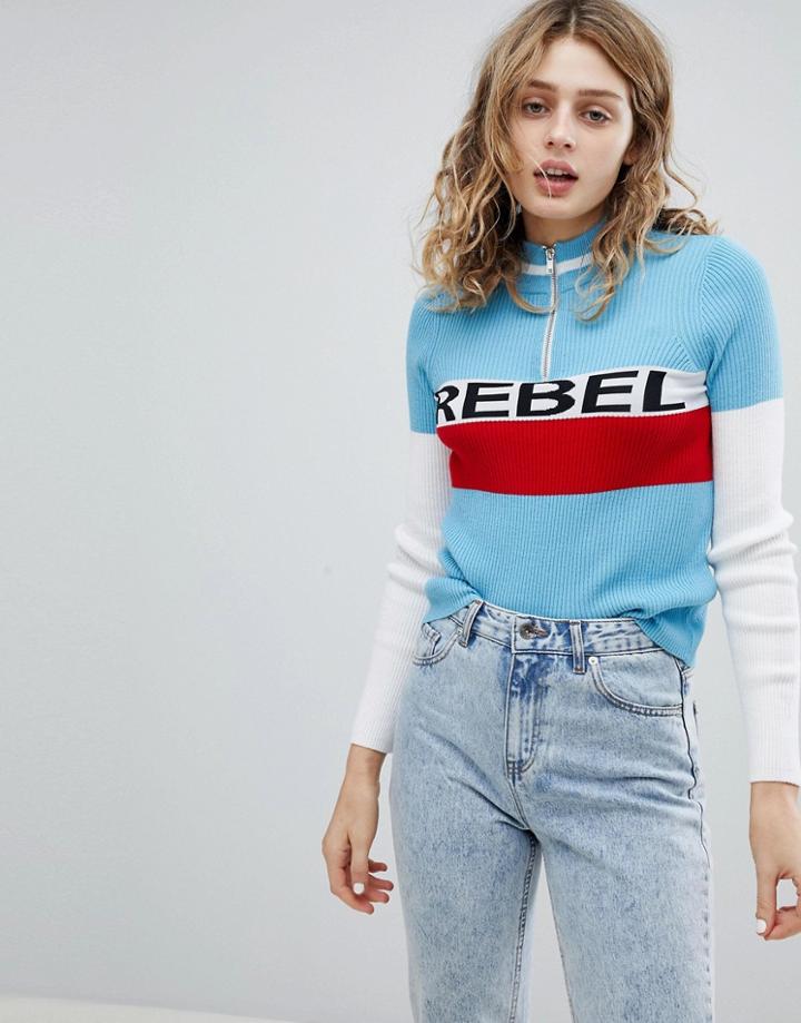 Asos Zip Sweater With Rebel Slogan - Blue
