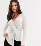 Asos Design Tall Long Sleeve Plisse Top With Drape Twist Front In Dark Ivory-beige