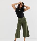 Monki Wide Leg Cropped Pants In Khaki - Green