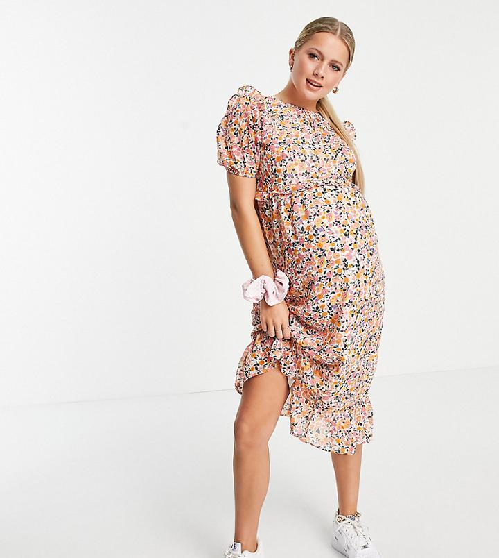 Influence Maternity Ruffle Front Midi Dress In Floral Print-pink