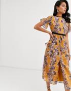Hope & Ivy Midi Dress With Ruffle Detail In Orange Floral - Orange