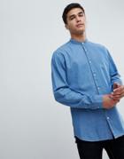 Selected Homme Chambray Shirt With Mandarin Collar In Slim Fit-blue