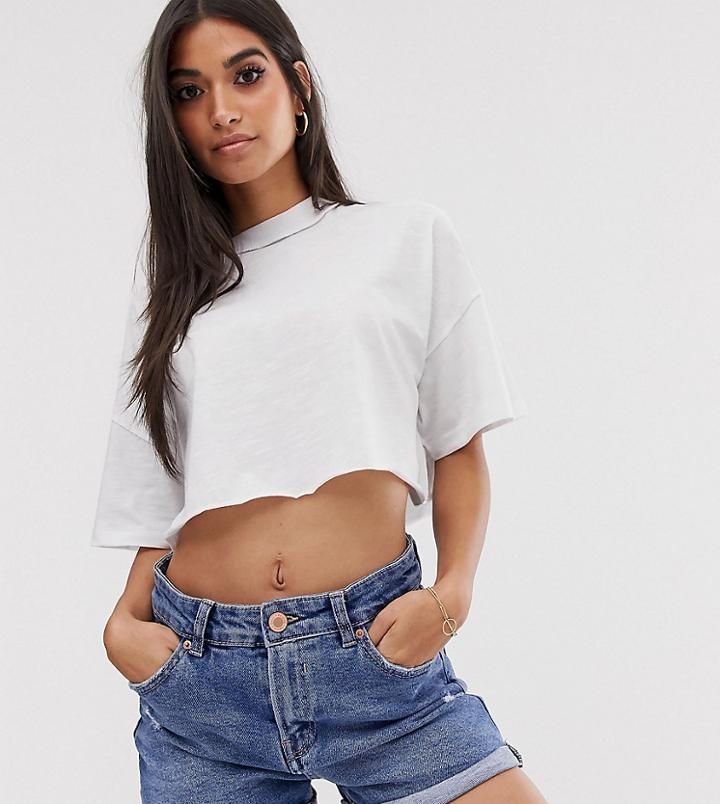 Asos Design Petite Boxy Crop T-shirt With Exposed Seams In White - White